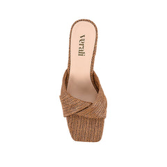 Womens brown tan raffia block heeled mule with crossover straps