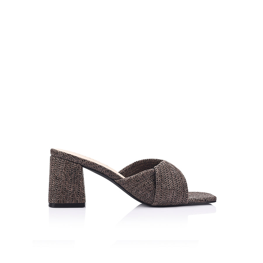 Stella Block Heel Mules - Chocolate Brown Raffia