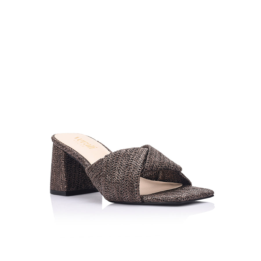Stella Block Heel Mules - Chocolate Brown Raffia