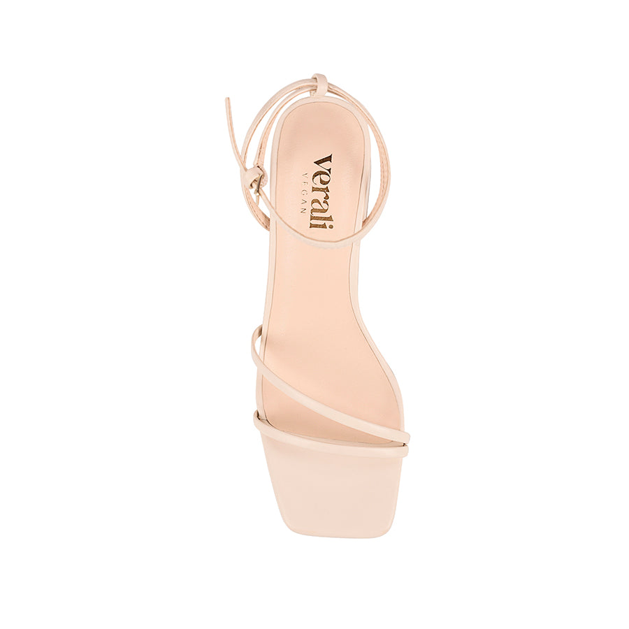 Women's strappy sandal with block heel, thin vamp straps, buckle on ankle strap and square toe in bone vegan material