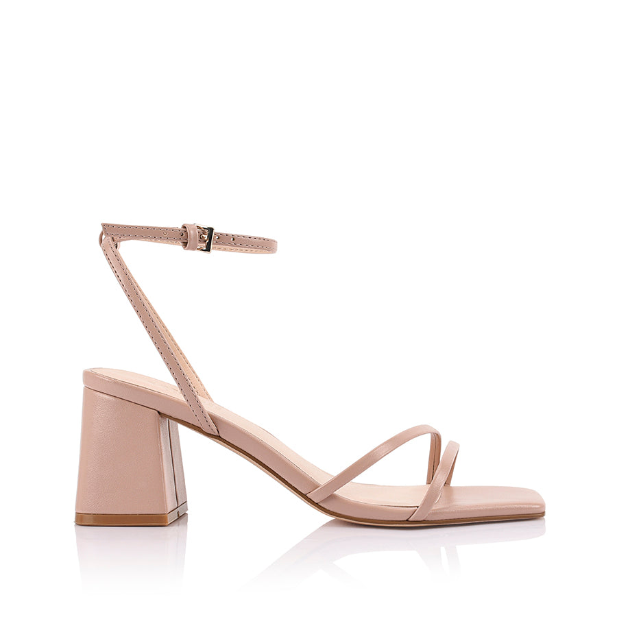 Women's strappy sandal with block heel, thin vamp straps, buckle on ankle strap and square toe in dusty pink vegan material