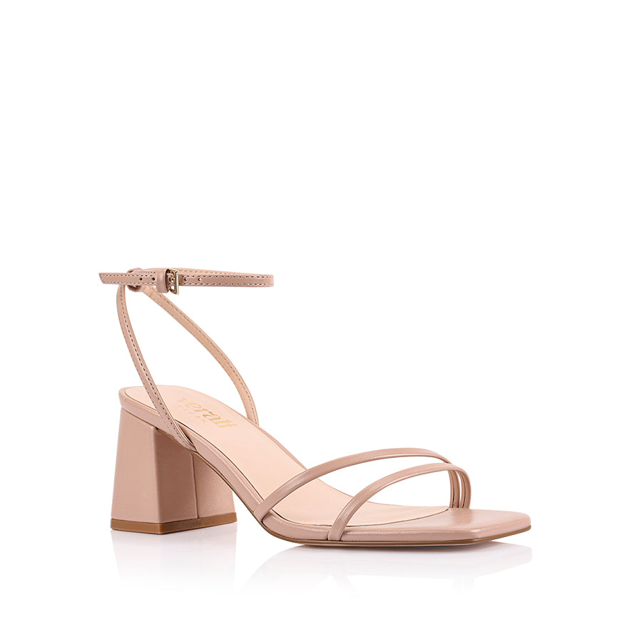 Women's strappy sandal with block heel, thin vamp straps, buckle on ankle strap and square toe in dusty pink vegan material