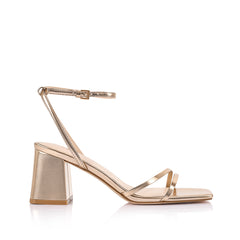 Women's Rose Gold block heel sandal with square toe and buckle fastening