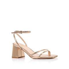 Women's Rose Gold block heel sandal with square toe and buckle fastening