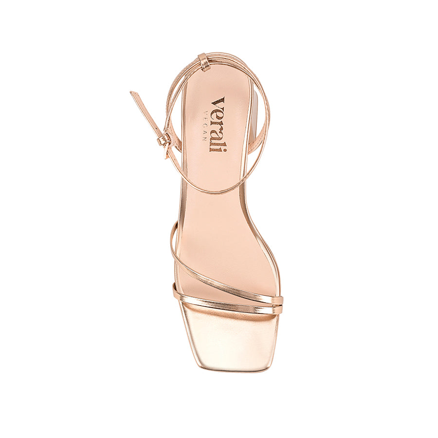 Women's Rose Gold block heel sandal with square toe and buckle fastening