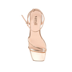 Women's Rose Gold block heel sandal with square toe and buckle fastening