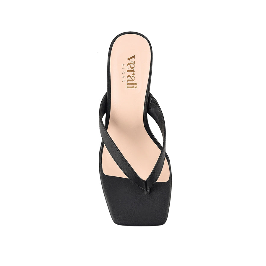Women's black smooth block thong heel with square toe 