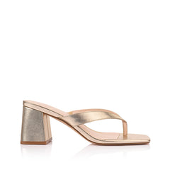 Women's metallic champagne gold block thong heel with square toe 