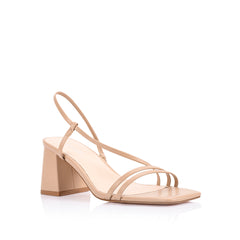 Women's block heel strappy sandal with elastic slingback, square toe, and dainty vamp straps