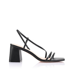 Women's block heel strappy sandal with elastic slingback, square toe, and dainty vamp straps in black vegan