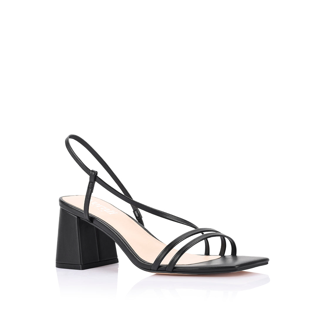 Women's block heel strappy sandal with elastic slingback, square toe, and dainty vamp straps in black vegan