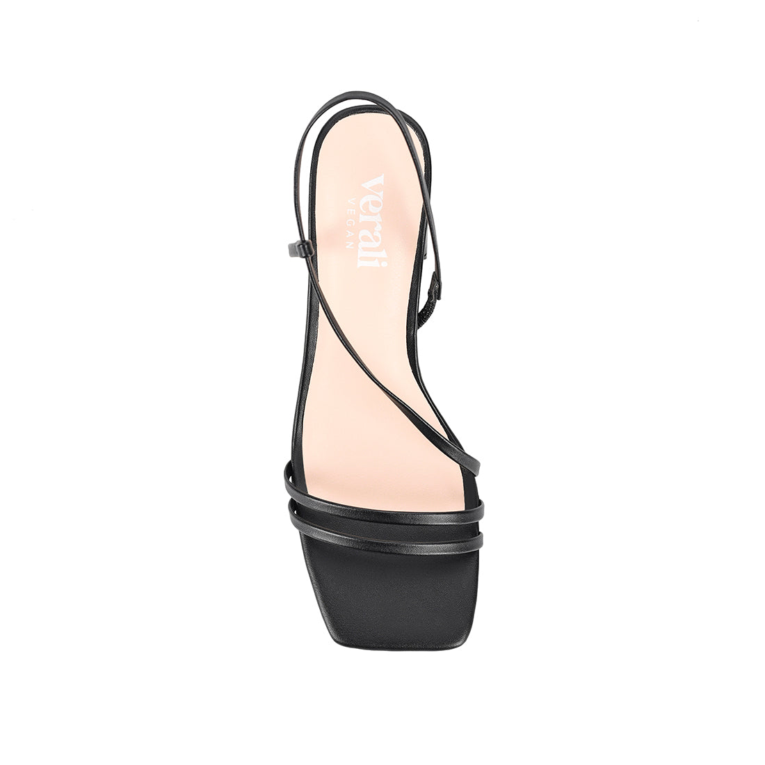 Women's block heel strappy sandal with elastic slingback, square toe, and dainty vamp straps in black vegan