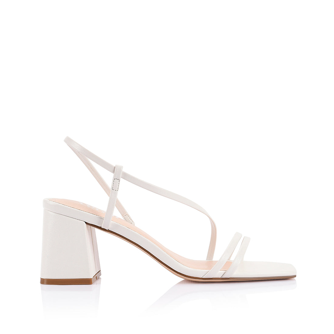 Women's block heel strappy sandal with elastic slingback, square toe, and dainty vamp straps in white vegan