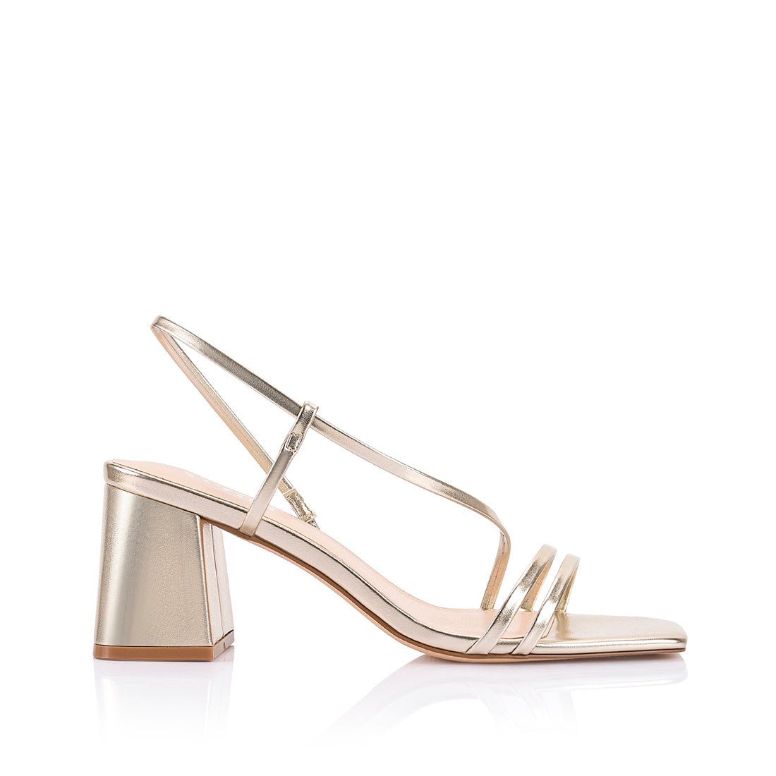 Women's block heel strappy sandal with dainty vamp straps, elastic fastening, square toe finished in champagne gold
