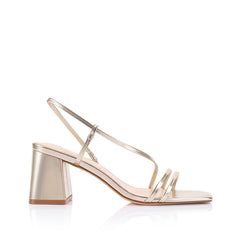 Women's block heel strappy sandal with dainty vamp straps, elastic fastening, square toe finished in champagne gold