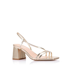 Women's block heel strappy sandal with dainty vamp straps, elastic fastening, square toe finished in champagne gold