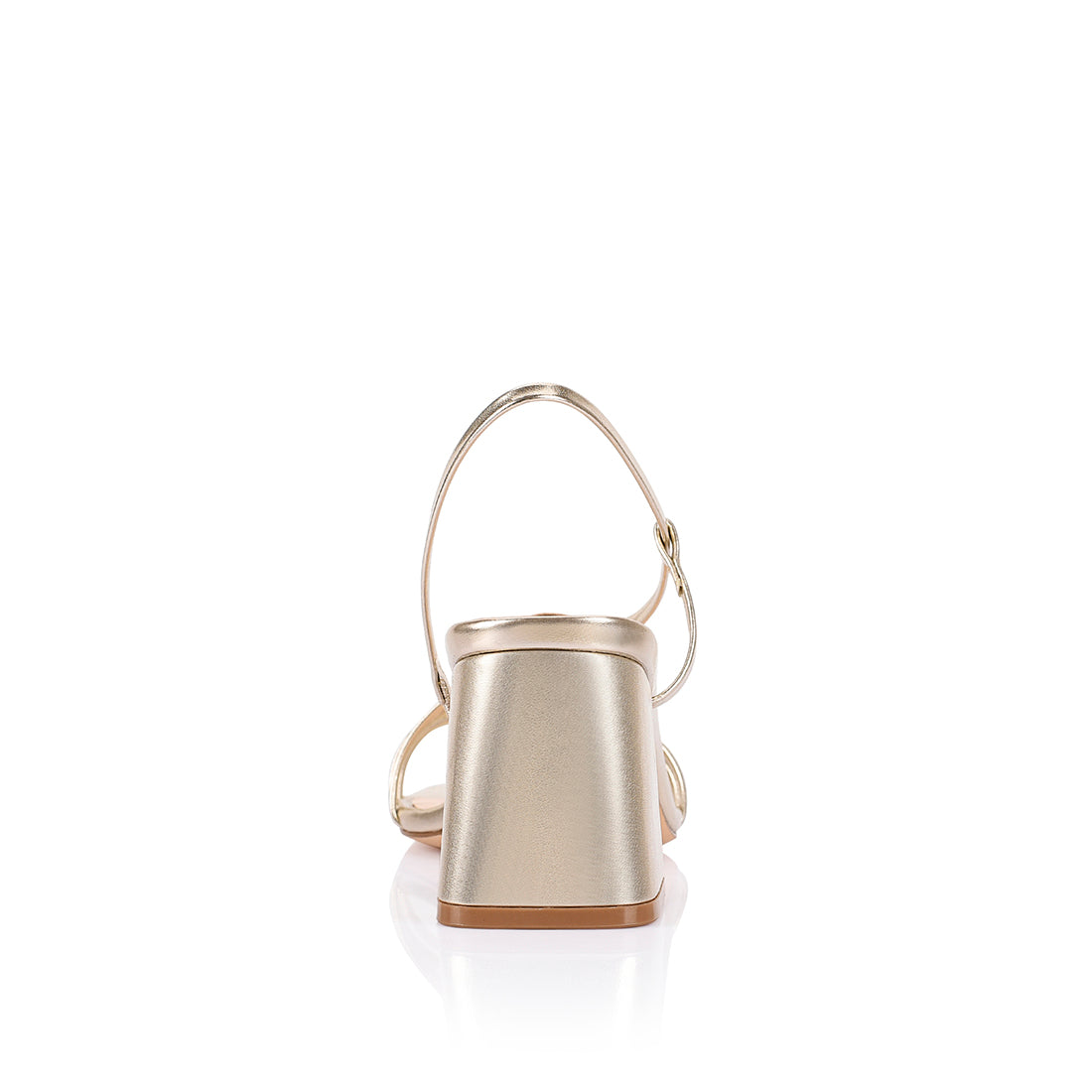 Women's block heel strappy sandal with dainty vamp straps, elastic fastening, square toe finished in champagne gold