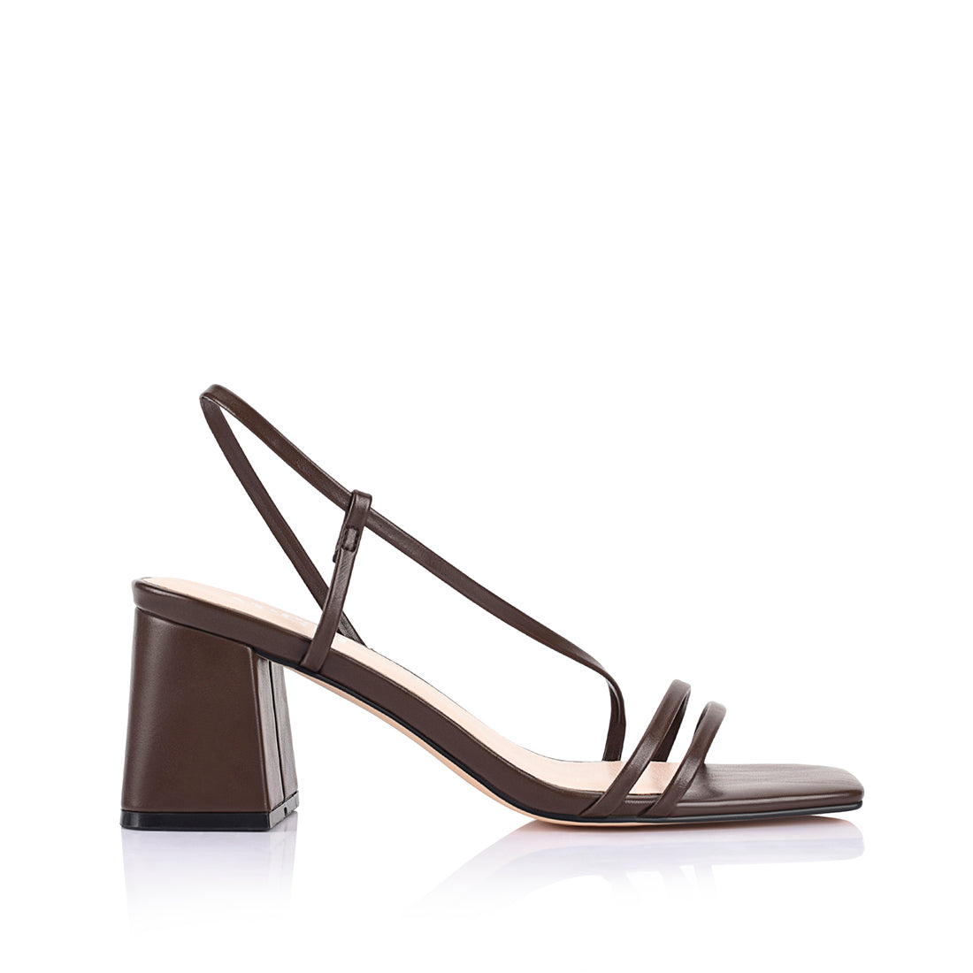 Women's block heel strappy sandal with dainty vamp straps, elastic fastening, square toe finished in chocolate brown