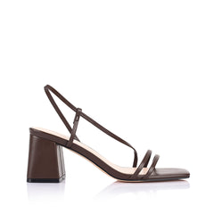 Women's block heel strappy sandal with dainty vamp straps, elastic fastening, square toe finished in chocolate brown