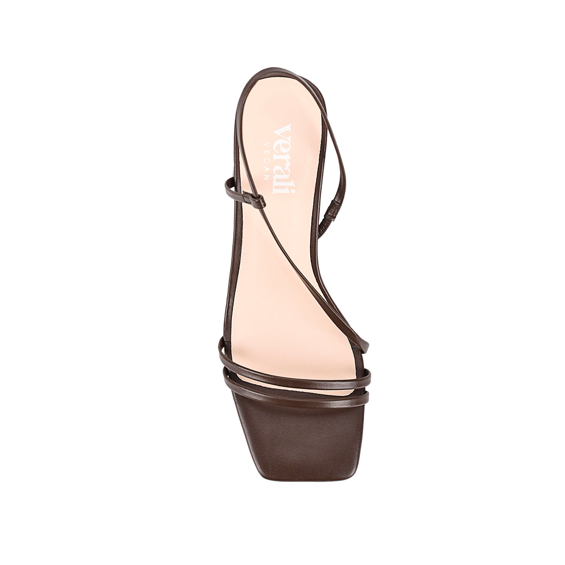 Women's block heel strappy sandal with dainty vamp straps, elastic fastening, square toe finished in chocolate brown