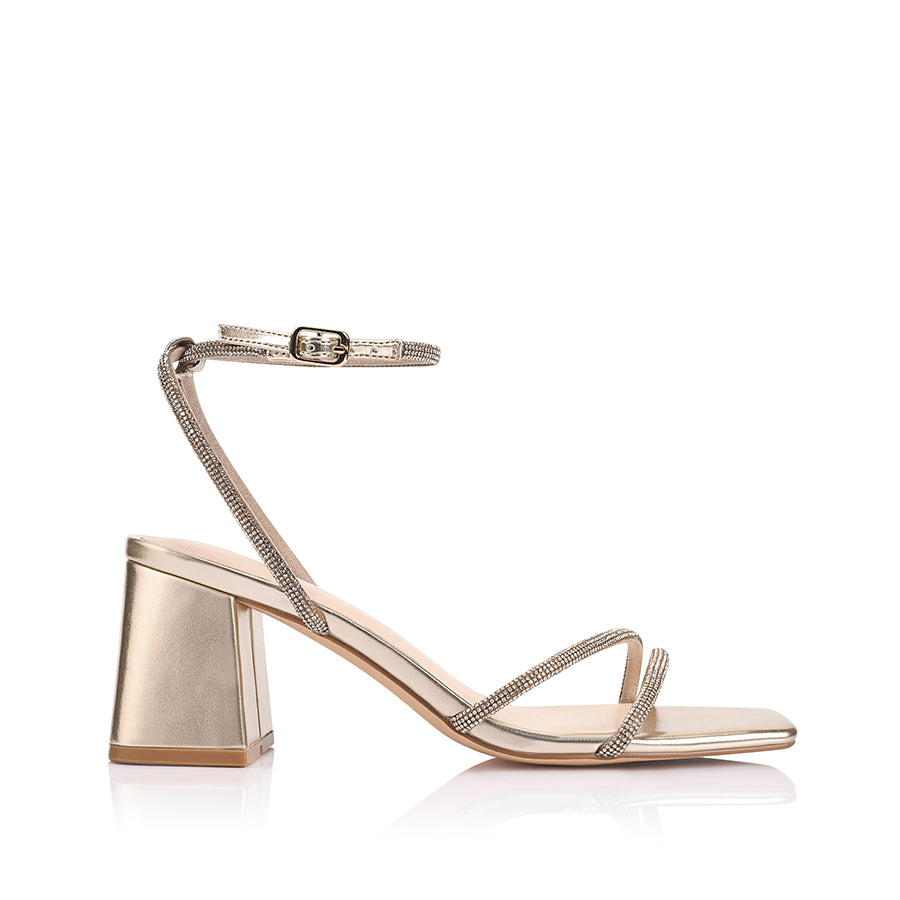 Women's vegan metallic gold block heel strappy sandal with diamontes