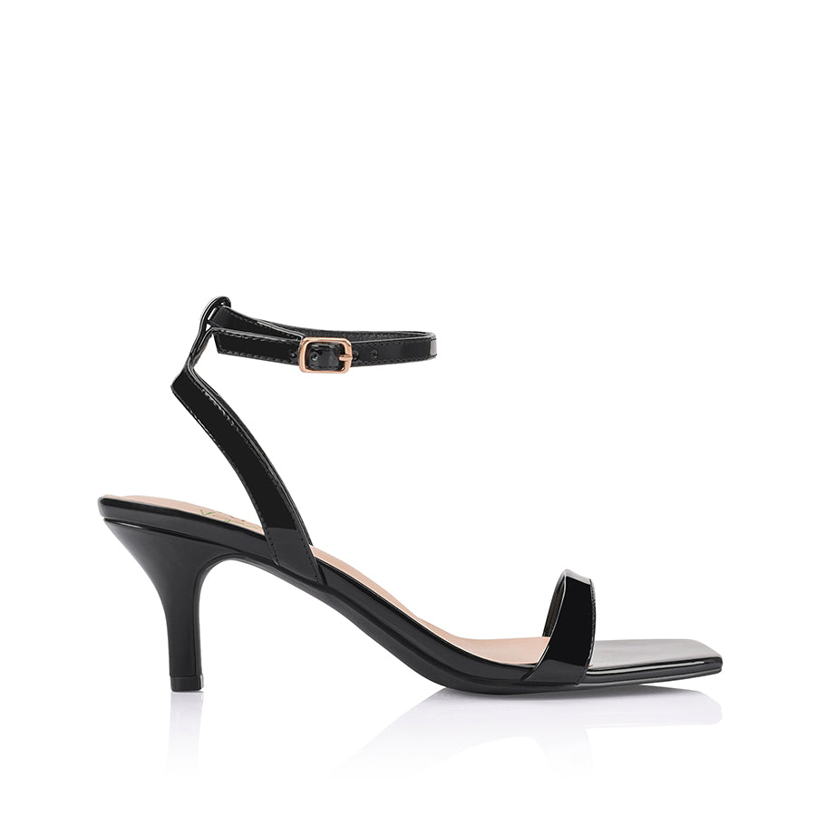Women's black patent strappy low heel with ankle strap, square toe and gold buckle