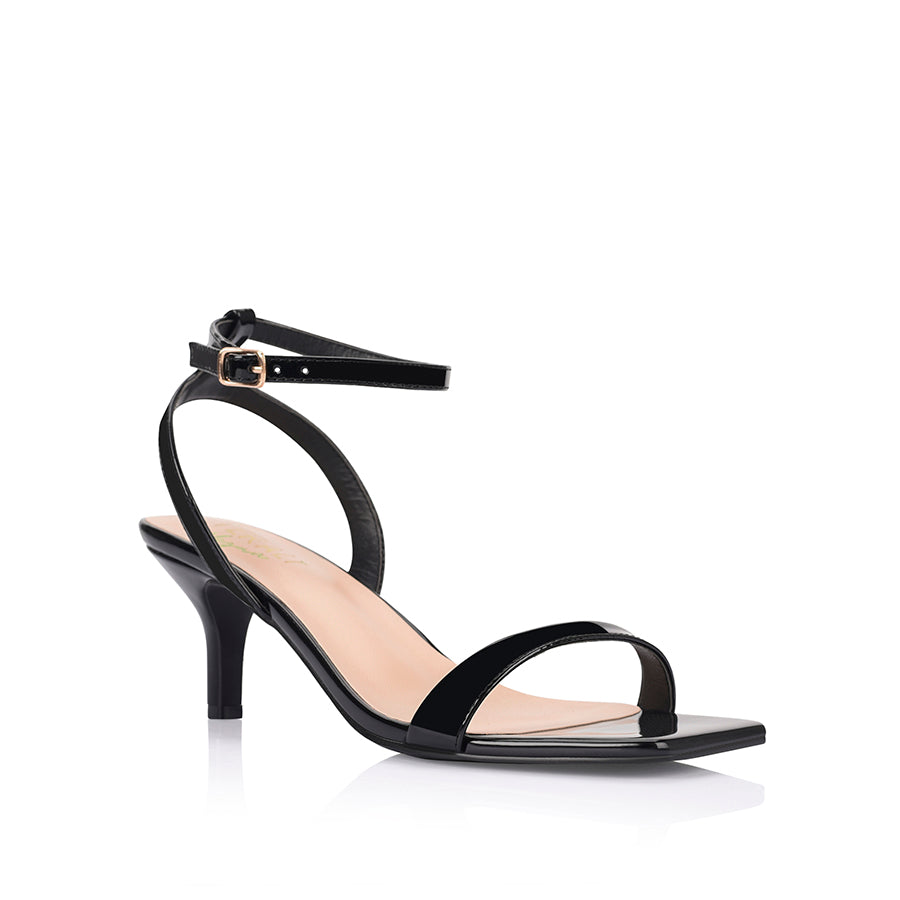Women's black patent strappy low heel with ankle strap, square toe and gold buckle