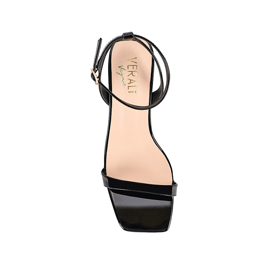Women's black patent strappy low heel with ankle strap, square toe and gold buckle