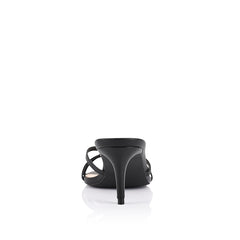 Women's black vegan low stiletto heel with crossover straps and square toe