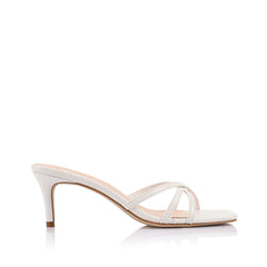Women's white vegan low stiletto heel with crossover straps and square toe