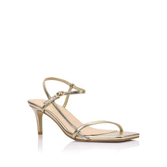 Women's champagne gold strappy stiletto sandal with buckle fastening and square toe in vegan upper