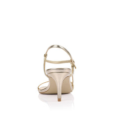 Women's champagne gold strappy stiletto sandal with buckle fastening and square toe in vegan upper