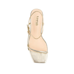 Women's champagne gold strappy stiletto sandal with buckle fastening and square toe in vegan upper