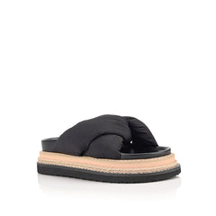 Women's black puffy platform sandals with contract sole and rope detailing