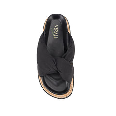 Women's black puffy platform sandals with contract sole and rope detailing