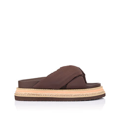 Women's chunky platform footbed slides in chocolate brown fabric 