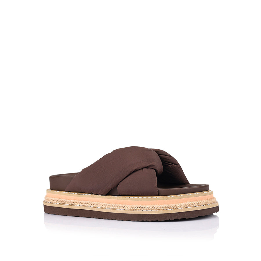 Women's chunky platform footbed slides in chocolate brown fabric 