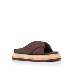 Women's chunky platform footbed slides in chocolate brown fabric 