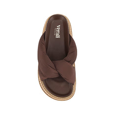 Women's chunky platform footbed slides in chocolate brown fabric 