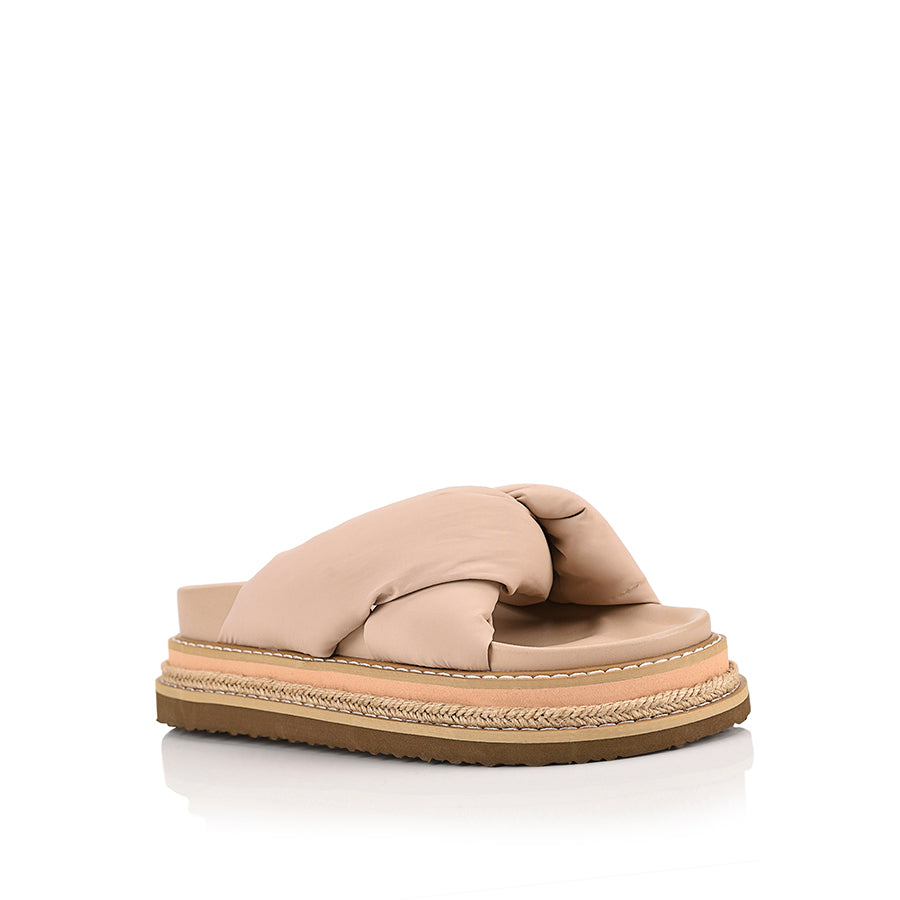 Women's beige puffy platform sandals with contract sole and rope detailing