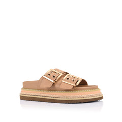 Women's beige tan platform footbed slides with espadrille inspired sole and double buckle detailing 
