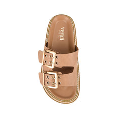 Women's beige tan platform footbed slides with espadrille inspired sole and double buckle detailing 