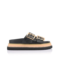 Women's black vegan upper platform footbed slide with espadrille inspired sole and double buckle detailing