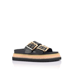 Women's black vegan upper platform footbed slide with espadrille inspired sole and double buckle detailing