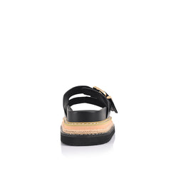 Women's black vegan upper platform footbed slide with espadrille inspired sole and double buckle detailing