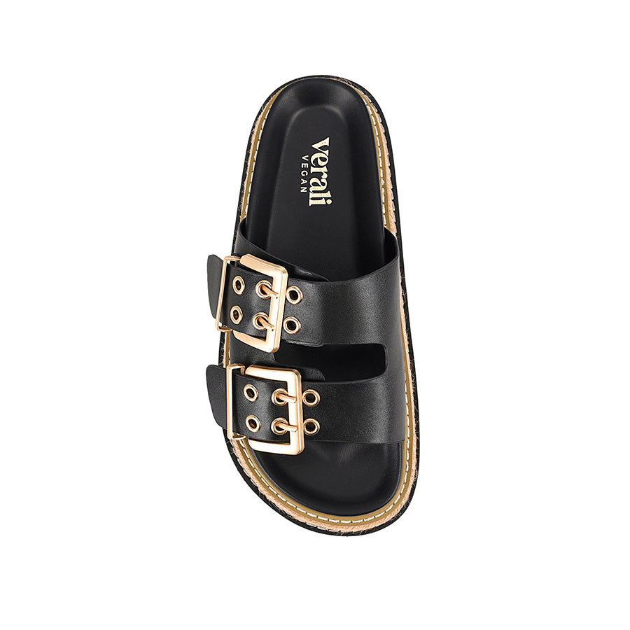 Women's black vegan upper platform footbed slide with espadrille inspired sole and double buckle detailing