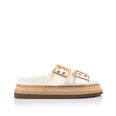 Women's chalk white vegan upper platform footbed slide with espadrille inspired sole and double buckle detailing