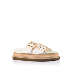 Women's chalk white vegan upper platform footbed slide with espadrille inspired sole and double buckle detailing