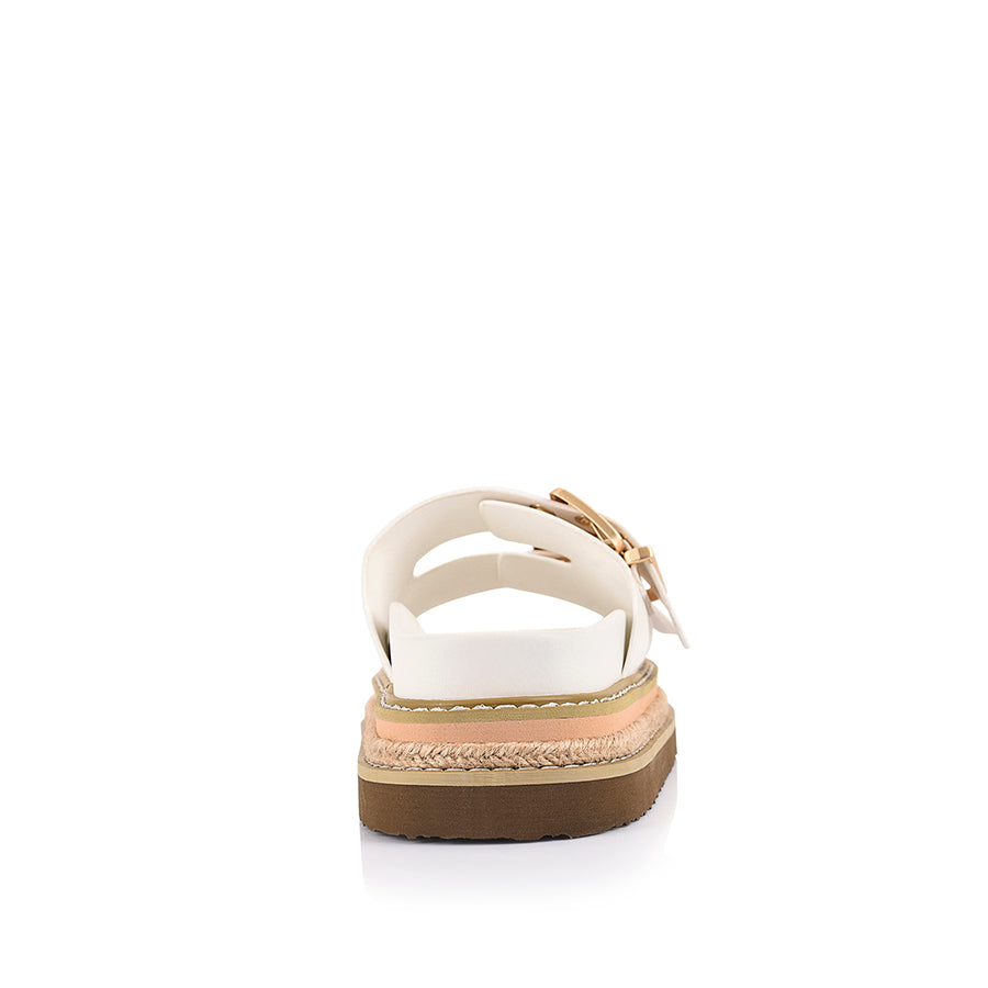 Women's chalk white vegan upper platform footbed slide with espadrille inspired sole and double buckle detailing