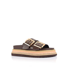Women's chocolate brown vegan upper platform footbed slide with espadrille inspired sole and double buckle detailing